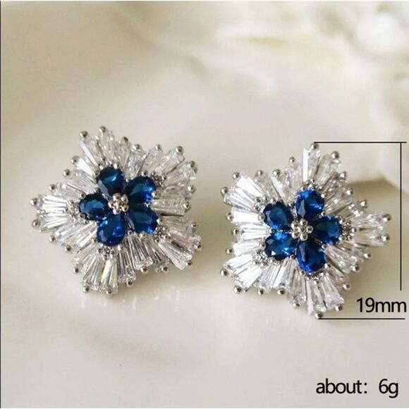 TRENDY White Flower Shaped Cubic Zirconia with Blue Crystal Earrings - Picture 3 of 5